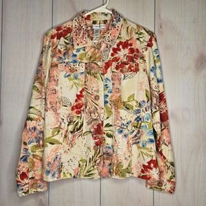 Coldwater Creek Floral Button Beaded Jacket LARGE 100% Cotton Cottagecore Autumn